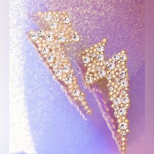 Gold Lightening Bolt Earrings with White & Iridescent Rhinestones
